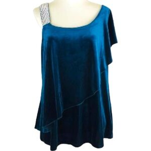 Belldini Size Large Winter Teal Velvet One Shoulder Rhinestone Strap Top